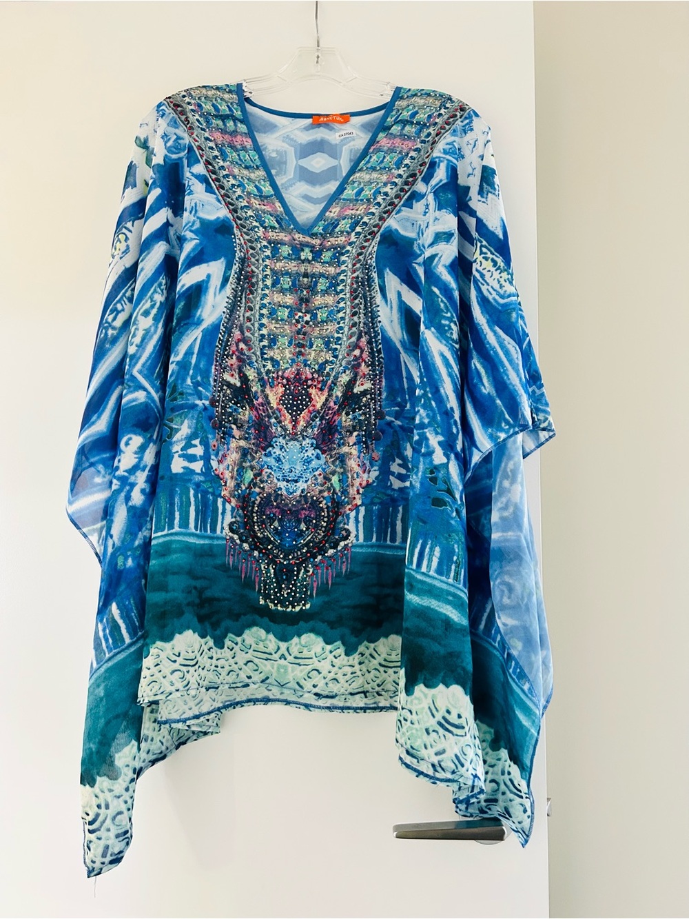 Embellished Blue Printed V-Neck Tunic